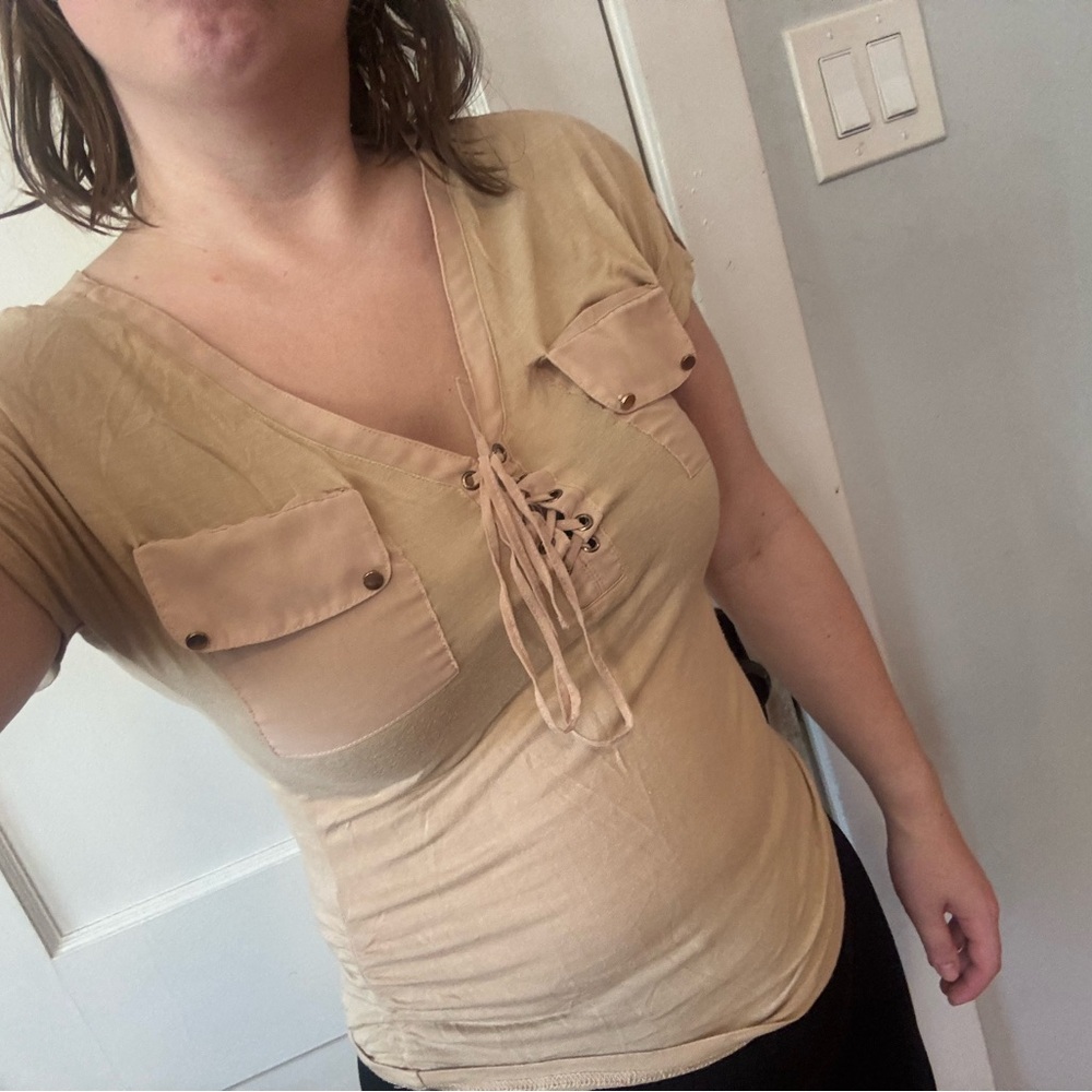 VENUS Tan Lace-Up Short Sleeve Top